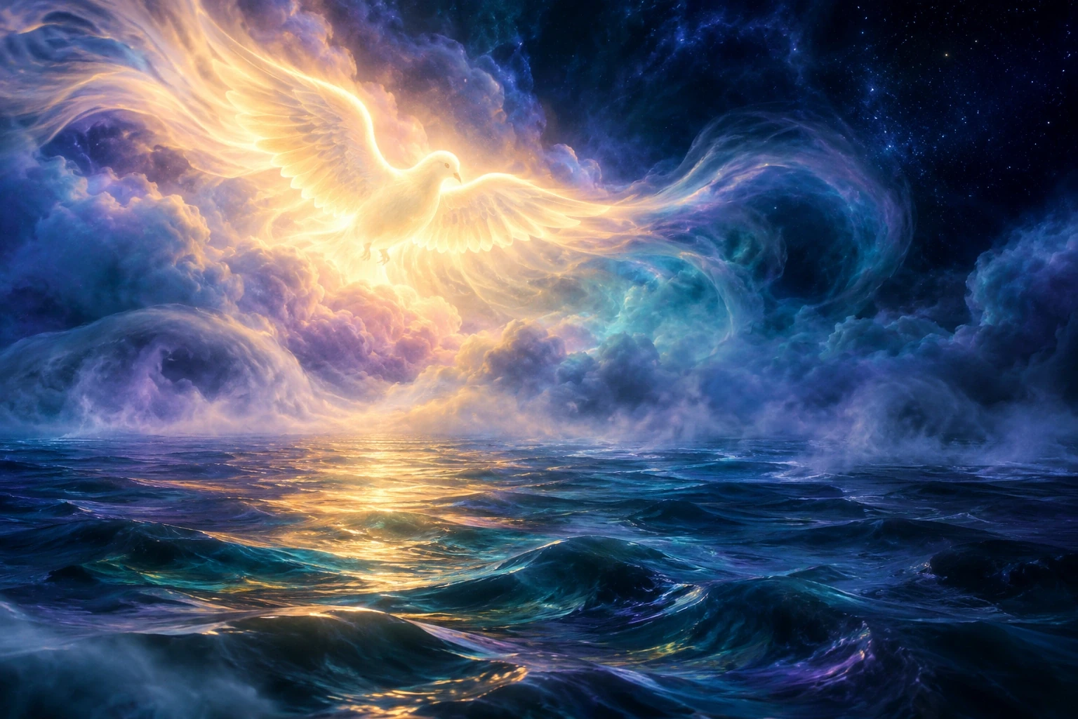 A deep, dark, quiet space with gentle swirls over water.
