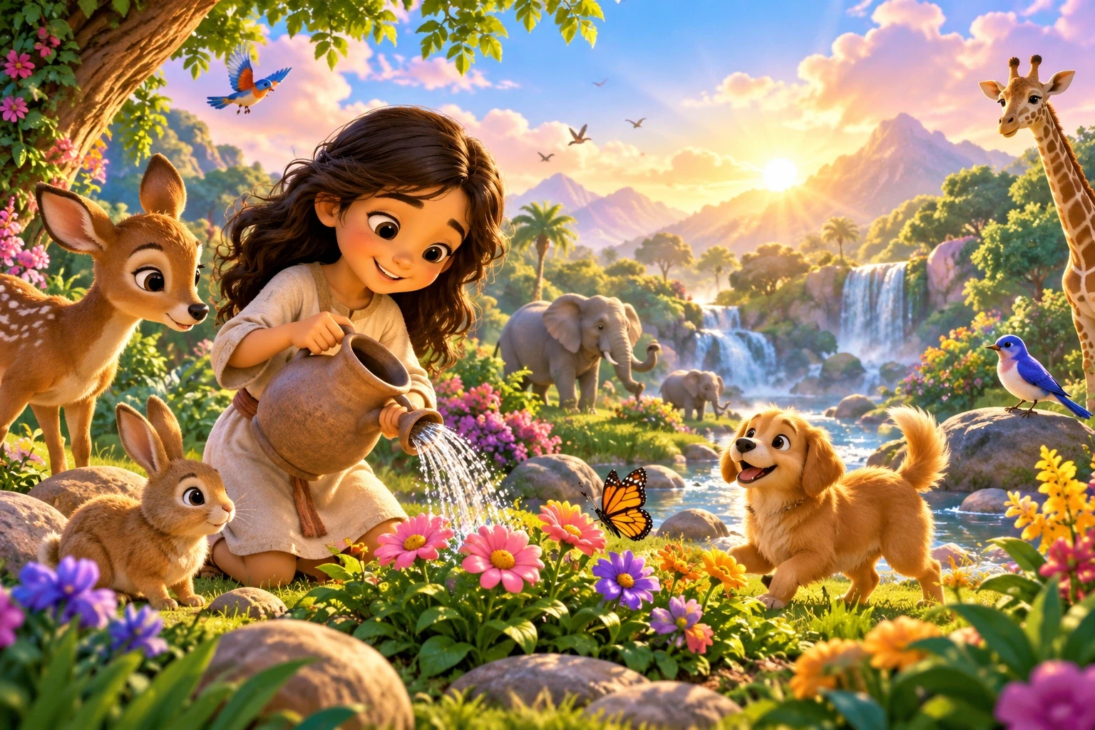 A child watering flowers while animals play nearby.