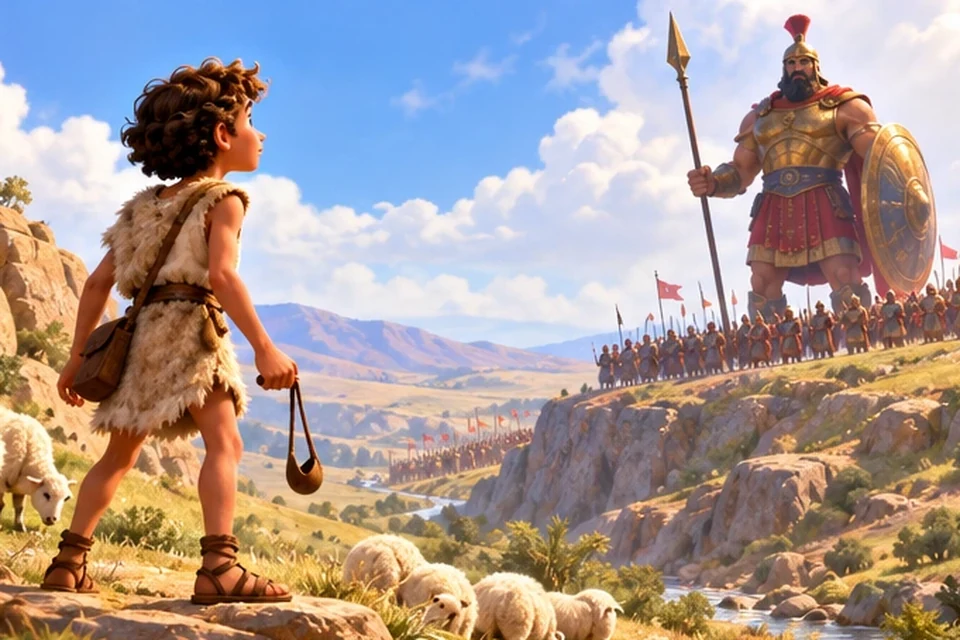 A shepherd boy with a sling on a hill.