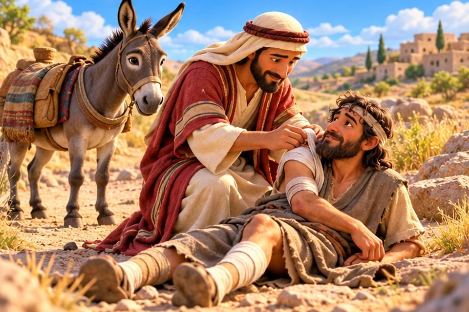 A kind traveller helping someone on a desert road.