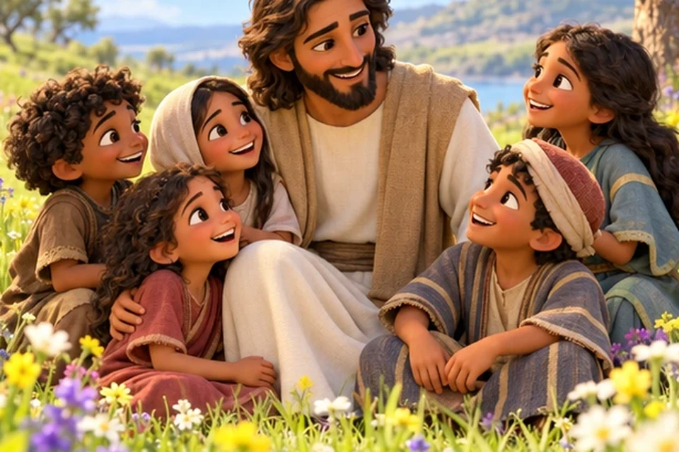 Jesus with children in a sunny field.