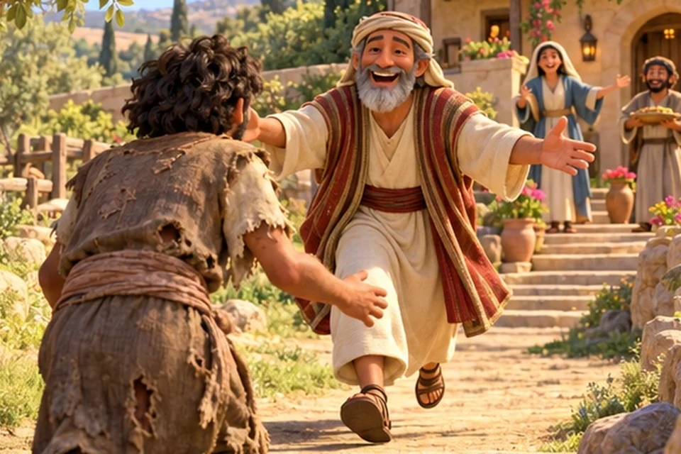 A father running to hug his son.