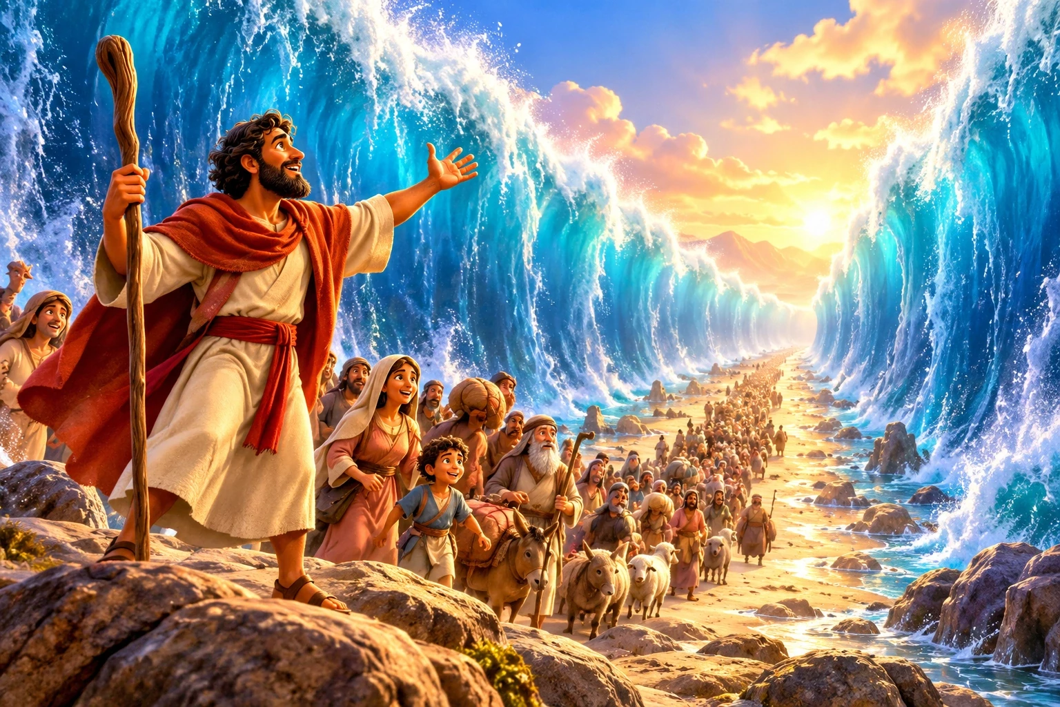 Walls of water and a dry path through the sea.