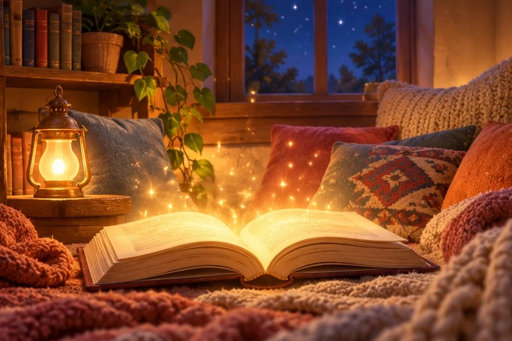 A child reading a big glowing Bible storybook